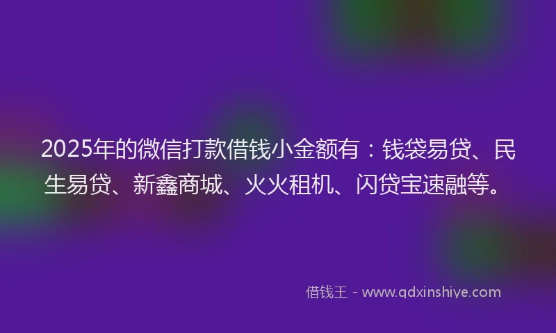 2025年的微信打款借钱小金额有：钱袋易贷、民生易贷、新鑫商城、火火租机、闪贷宝速融等。
