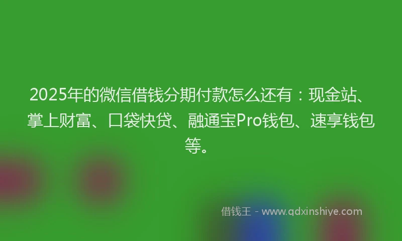 2025年的微信借钱分期付款怎么还有：现金站、掌上财富、口袋快贷、融通宝Pro钱包、速享钱包等。
