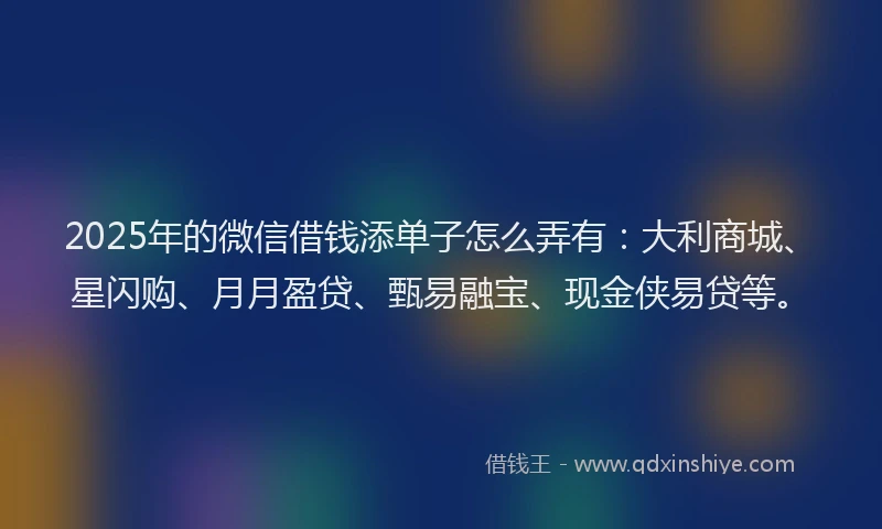 2025年的微信借钱添单子怎么弄有：大利商城、星闪购、月月盈贷、甄易融宝、现金侠易贷等。
