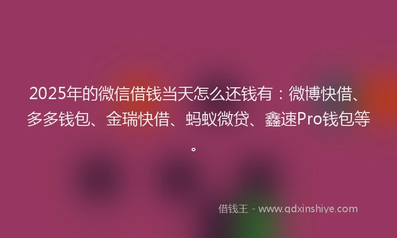 2025年的微信借钱当天怎么还钱有：微博快借、多多钱包、金瑞快借、蚂蚁微贷、鑫速Pro钱包等。