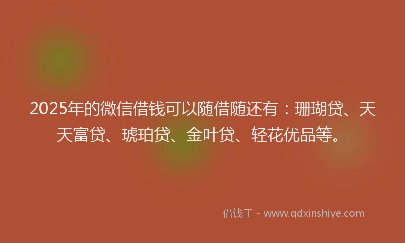 2025年的微信借钱可以随借随还有：珊瑚贷、天天富贷、琥珀贷、金叶贷、轻花优品等。