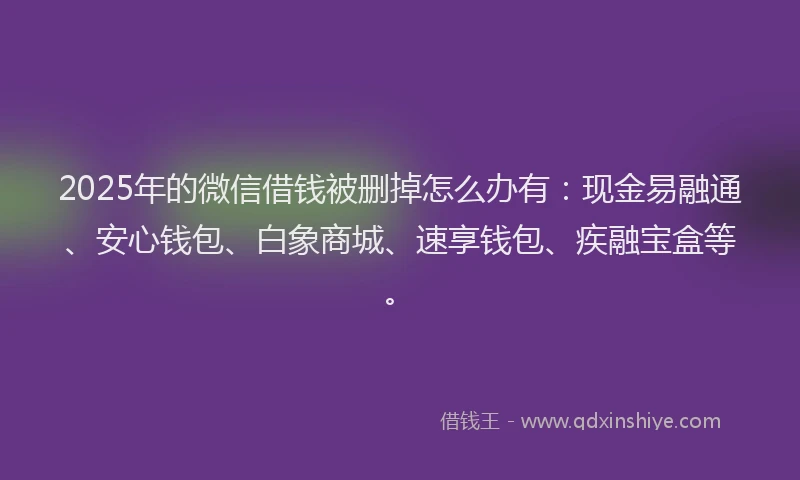 2025年的微信借钱被删掉怎么办有：现金易融通、安心钱包、白象商城、速享钱包、疾融宝盒等。