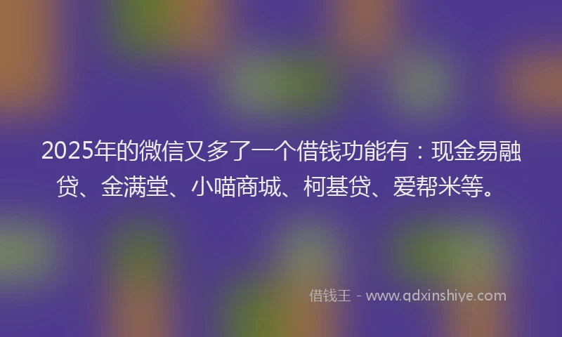 2025年的微信又多了一个借钱功能有：现金易融贷、金满堂、小喵商城、柯基贷、爱帮米等。