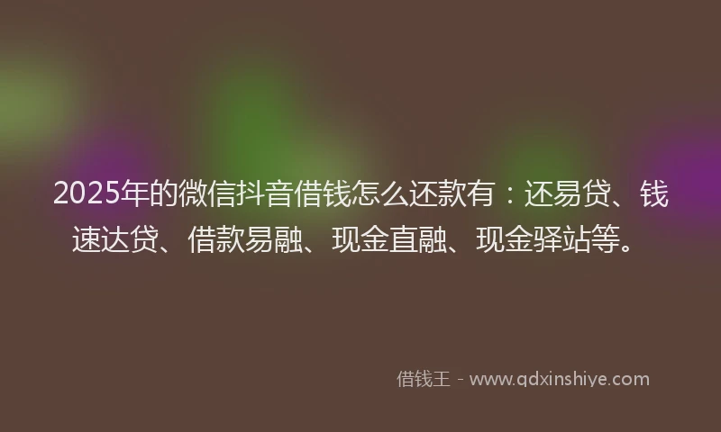 2025年的微信抖音借钱怎么还款有：还易贷、钱速达贷、借款易融、现金直融、现金驿站等。