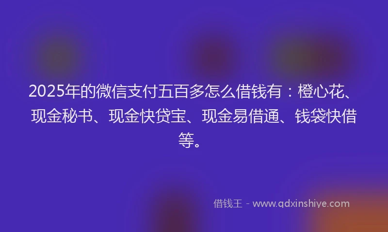 2025年的微信支付五百多怎么借钱有：橙心花、现金秘书、现金快贷宝、现金易借通、钱袋快借等。