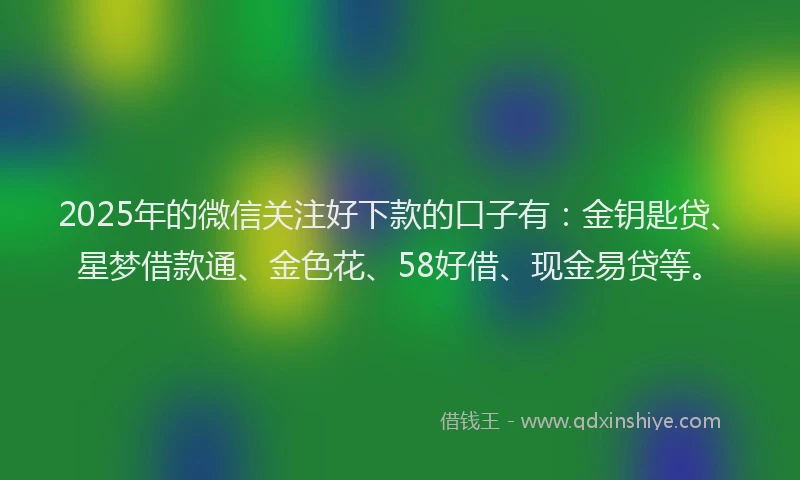 2025年的微信关注好下款的口子有：金钥匙贷、星梦借款通、金色花、58好借、现金易贷等。