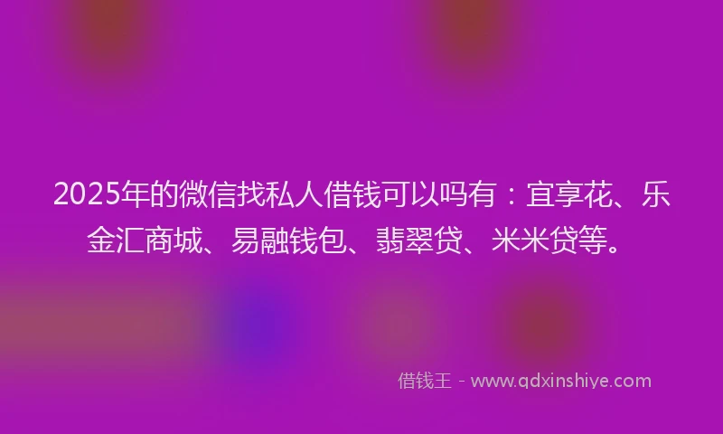 2025年的微信找私人借钱可以吗有：宜享花、乐金汇商城、易融钱包、翡翠贷、米米贷等。