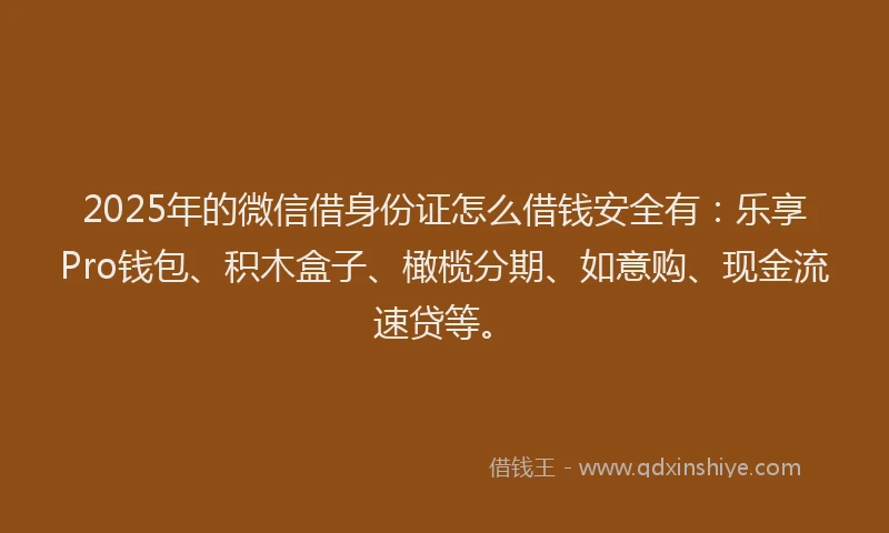 2025年的微信借身份证怎么借钱安全有：乐享Pro钱包、积木盒子、橄榄分期、如意购、现金流速贷等。