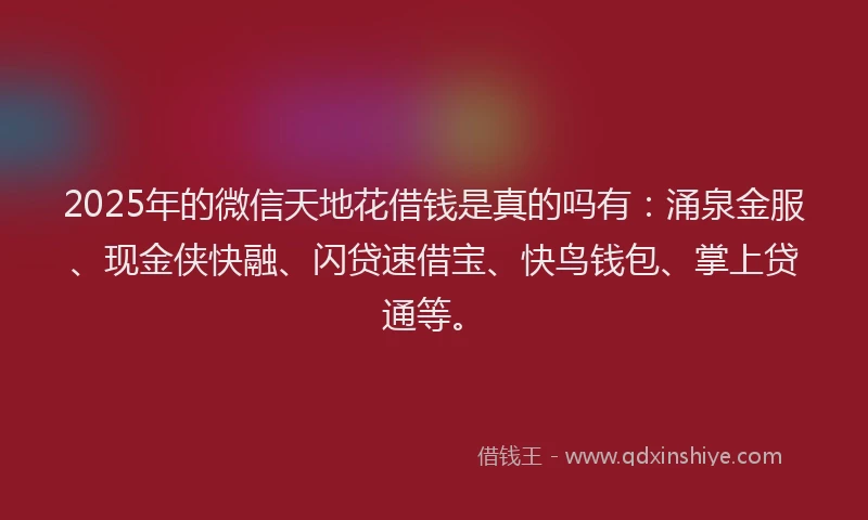 2025年的微信天地花借钱是真的吗有：涌泉金服、现金侠快融、闪贷速借宝、快鸟钱包、掌上贷通等。