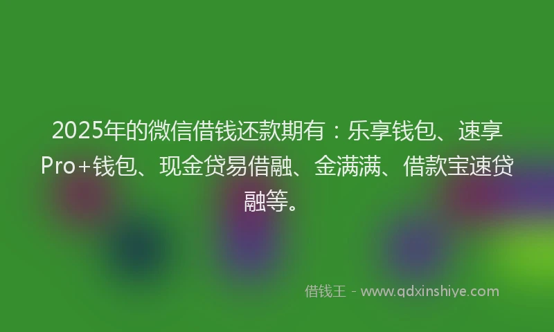 2025年的微信借钱还款期有：乐享钱包、速享Pro+钱包、现金贷易借融、金满满、借款宝速贷融等。