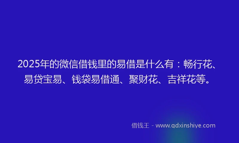 2025年的微信借钱里的易借是什么有：畅行花、易贷宝易、钱袋易借通、聚财花、吉祥花等。