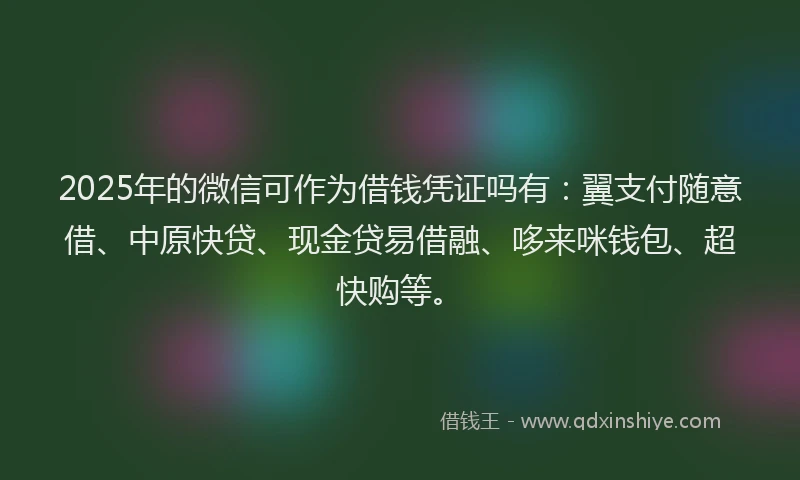 2025年的微信可作为借钱凭证吗有：翼支付随意借、中原快贷、现金贷易借融、哆来咪钱包、超快购等。