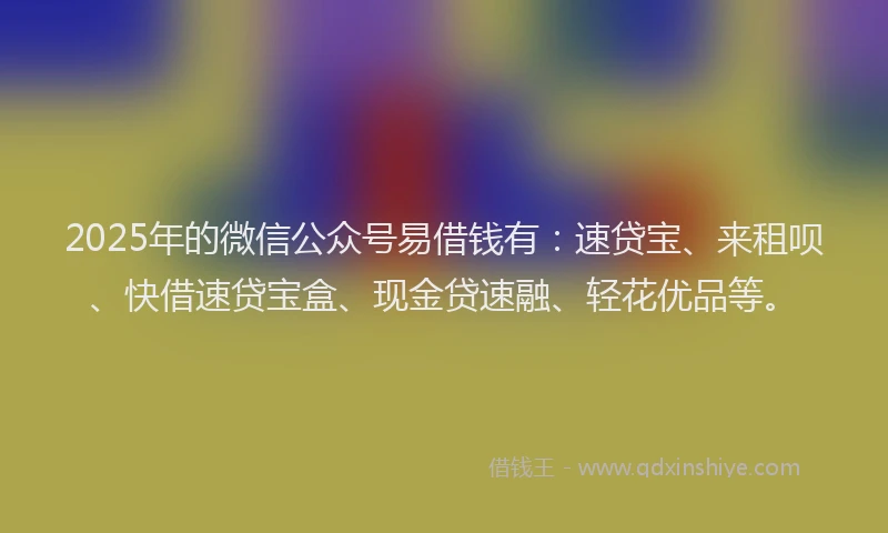 2025年的微信公众号易借钱有：速贷宝、来租呗、快借速贷宝盒、现金贷速融、轻花优品等。
