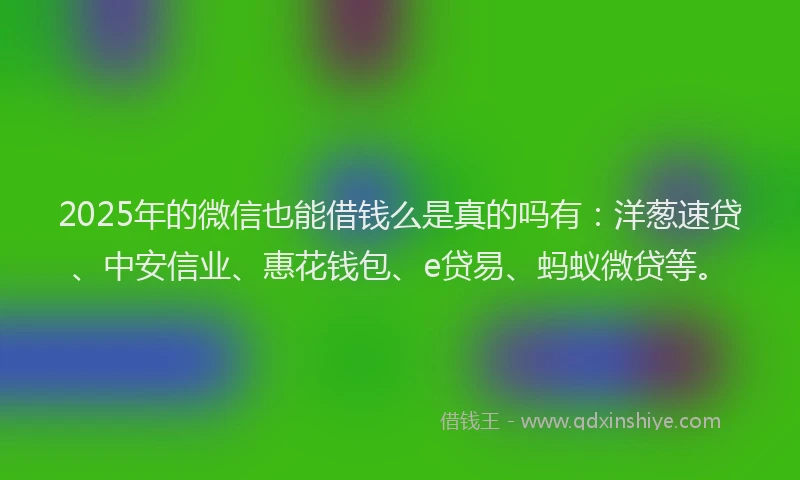 2025年的微信也能借钱么是真的吗有：洋葱速贷、中安信业、惠花钱包、e贷易、蚂蚁微贷等。
