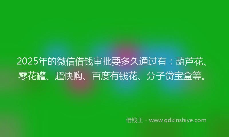2025年的微信借钱审批要多久通过有：葫芦花、零花罐、超快购、百度有钱花、分子贷宝盒等。