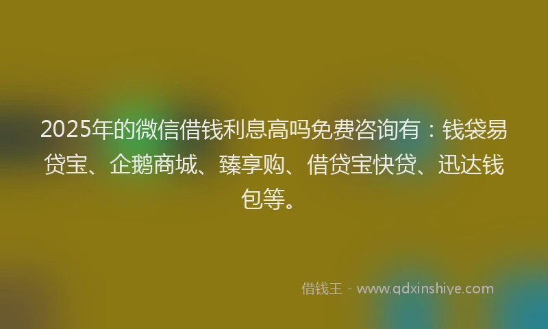 2025年的微信借钱利息高吗免费咨询有：钱袋易贷宝、企鹅商城、臻享购、借贷宝快贷、迅达钱包等。
