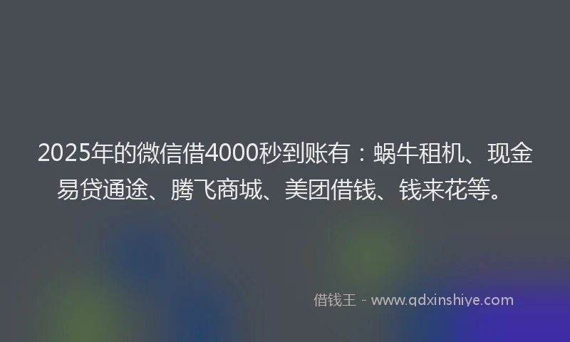 2025年的微信借4000秒到账有：蜗牛租机、现金易贷通途、腾飞商城、美团借钱、钱来花等。