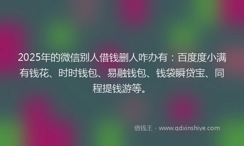 2025年的微信别人借钱删人咋办有：百度度小满有钱花、时时钱包、易融钱包、钱袋瞬贷宝、同程提钱游等。
