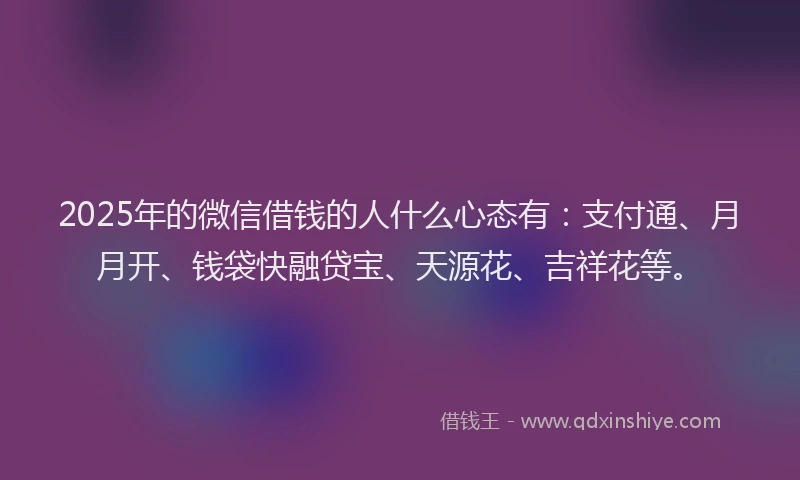 2025年的微信借钱的人什么心态有：支付通、月月开、钱袋快融贷宝、天源花、吉祥花等。