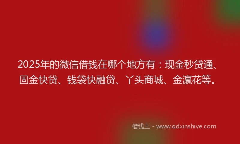2025年的微信借钱在哪个地方有：现金秒贷通、固金快贷、钱袋快融贷、丫头商城、金瀛花等。