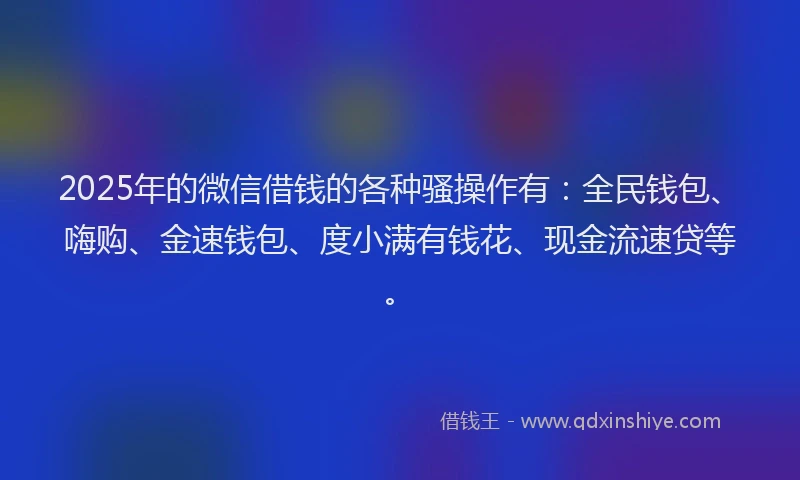2025年的微信借钱的各种骚操作有：全民钱包、嗨购、金速钱包、度小满有钱花、现金流速贷等。
