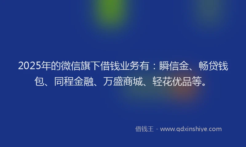2025年的微信旗下借钱业务有：瞬信金、畅贷钱包、同程金融、万盛商城、轻花优品等。
