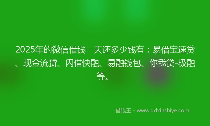 2025年的微信借钱一天还多少钱有：易借宝速贷、现金流贷、闪借快融、易融钱包、你我贷-极融等。