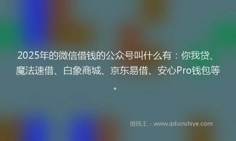 2025年的微信借钱的公众号叫什么有：你我贷、魔法速借、白象商城、京东易借、安心Pro钱包等。