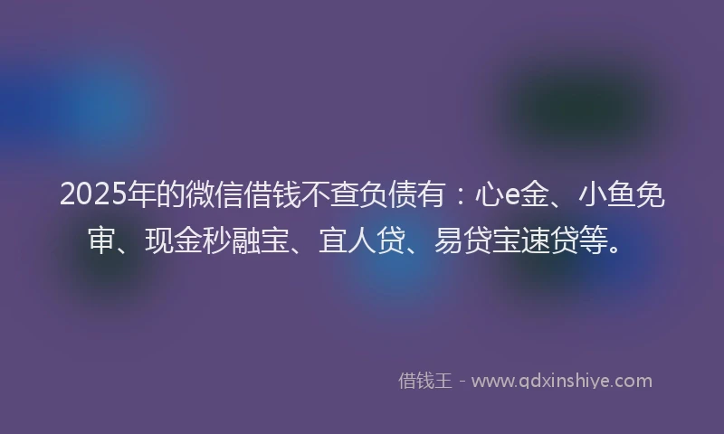2025年的微信借钱不查负债有：心e金、小鱼免审、现金秒融宝、宜人贷、易贷宝速贷等。