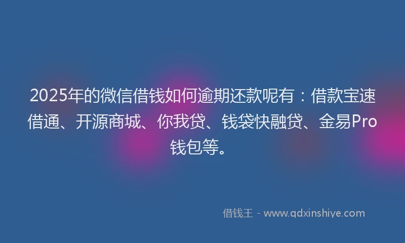 2025年的微信借钱如何逾期还款呢有：借款宝速借通、开源商城、你我贷、钱袋快融贷、金易Pro钱包等。