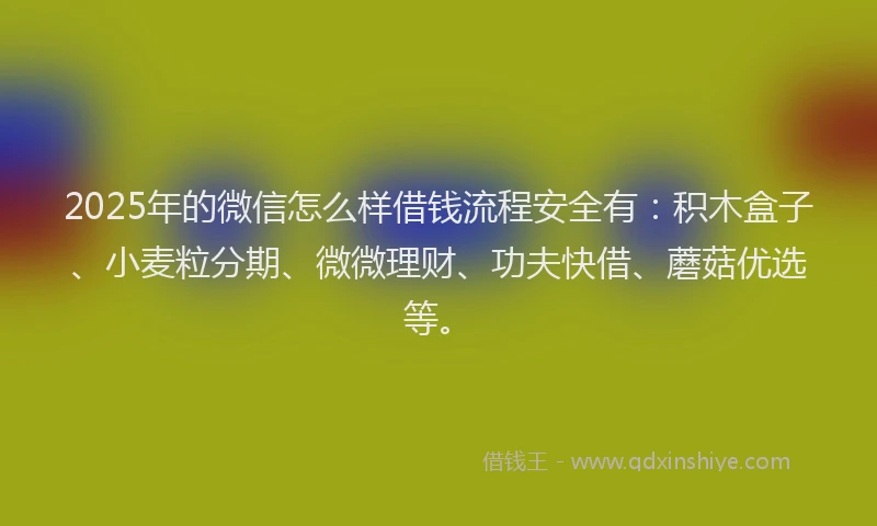 2025年的微信怎么样借钱流程安全有：积木盒子、小麦粒分期、微微理财、功夫快借、蘑菇优选等。