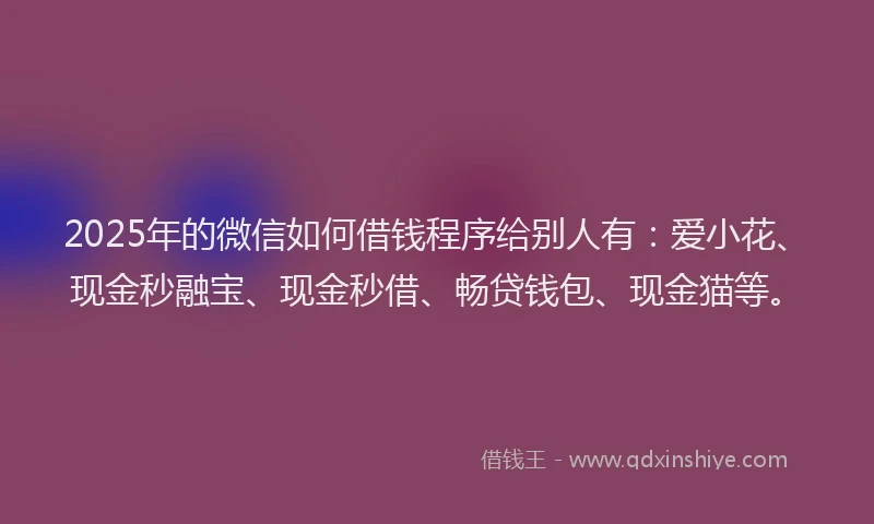 2025年的微信如何借钱程序给别人有：爱小花、现金秒融宝、现金秒借、畅贷钱包、现金猫等。