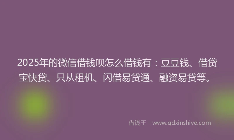2025年的微信借钱呗怎么借钱有：豆豆钱、借贷宝快贷、只从租机、闪借易贷通、融资易贷等。