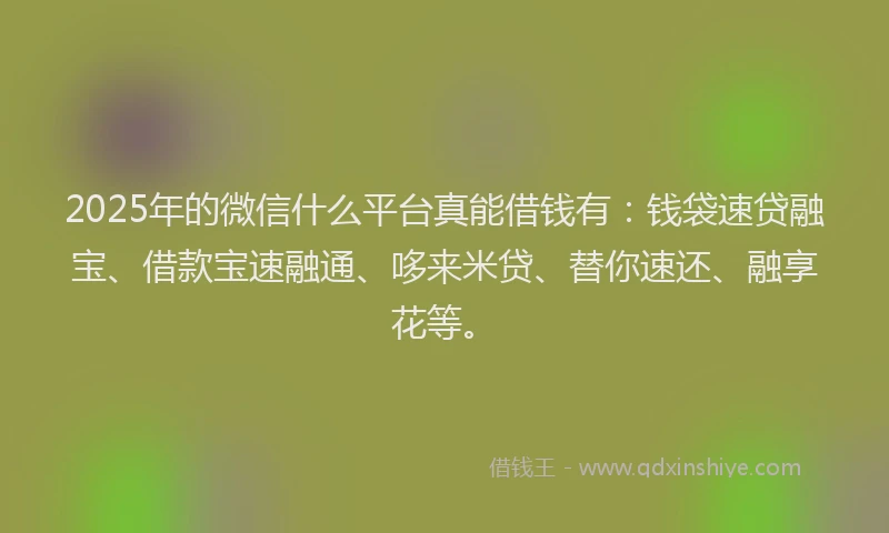 2025年的微信什么平台真能借钱有：钱袋速贷融宝、借款宝速融通、哆来米贷、替你速还、融享花等。