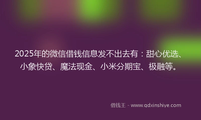 2025年的微信借钱信息发不出去有：甜心优选、小象快贷、魔法现金、小米分期宝、极融等。