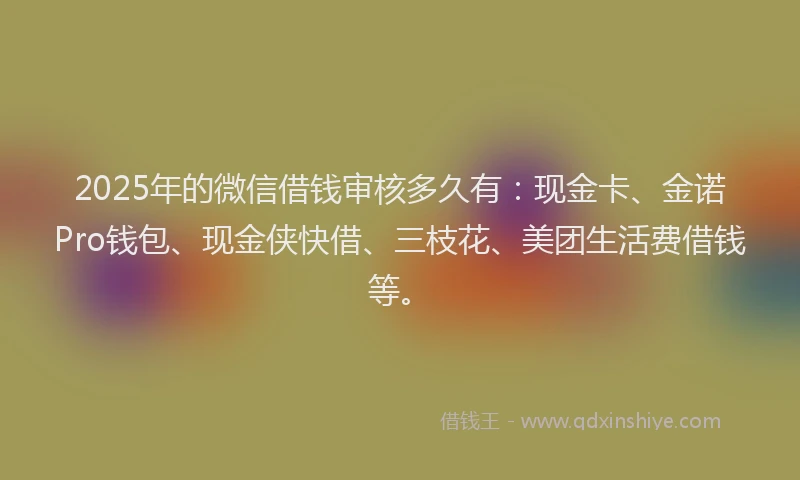 2025年的微信借钱审核多久有：现金卡、金诺Pro钱包、现金侠快借、三枝花、美团生活费借钱等。