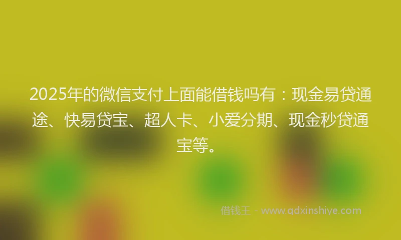 2025年的微信支付上面能借钱吗有：现金易贷通途、快易贷宝、超人卡、小爱分期、现金秒贷通宝等。