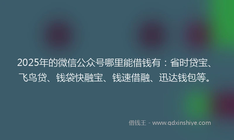 2025年的微信公众号哪里能借钱有：省时贷宝、飞鸟贷、钱袋快融宝、钱速借融、迅达钱包等。
