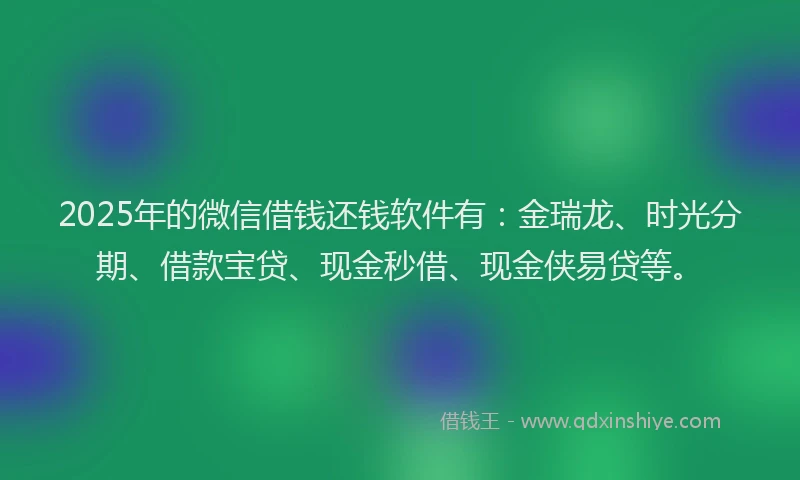 2025年的微信借钱还钱软件有：金瑞龙、时光分期、借款宝贷、现金秒借、现金侠易贷等。