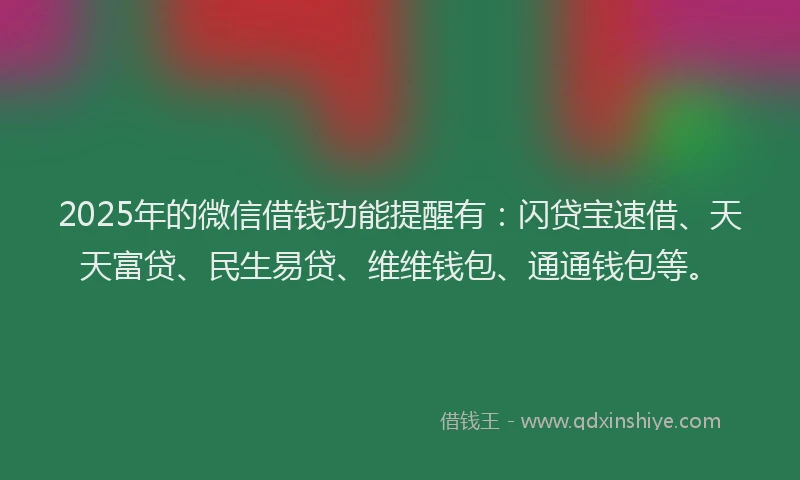 2025年的微信借钱功能提醒有：闪贷宝速借、天天富贷、民生易贷、维维钱包、通通钱包等。