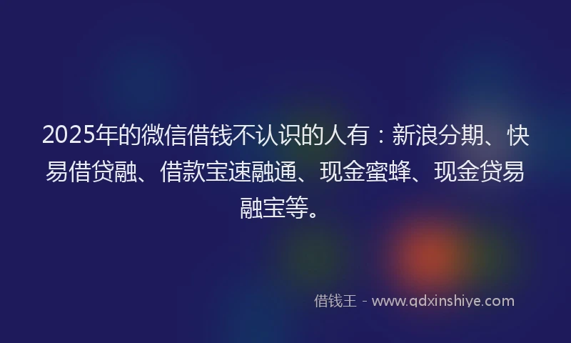 2025年的微信借钱不认识的人有：新浪分期、快易借贷融、借款宝速融通、现金蜜蜂、现金贷易融宝等。