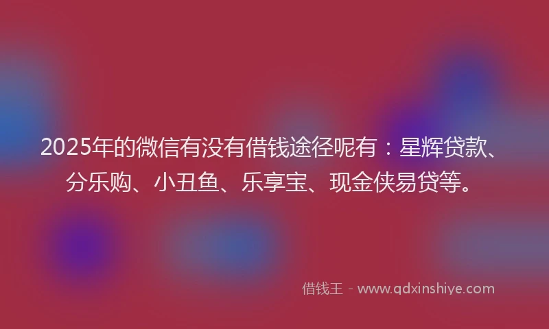 2025年的微信有没有借钱途径呢有：星辉贷款、分乐购、小丑鱼、乐享宝、现金侠易贷等。