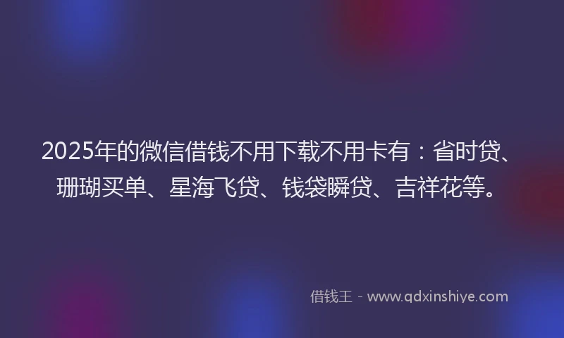 2025年的微信借钱不用下载不用卡有：省时贷、珊瑚买单、星海飞贷、钱袋瞬贷、吉祥花等。