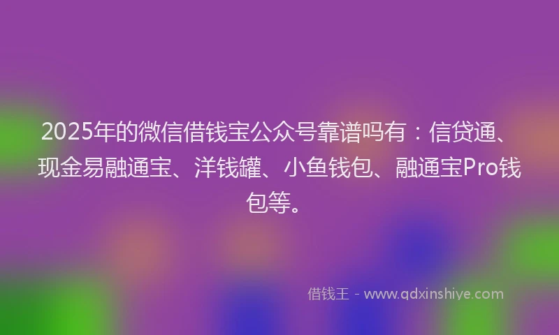 2025年的微信借钱宝公众号靠谱吗有:信贷通、现金易融通宝、洋钱罐、小鱼钱包、融通宝Pro钱包等。