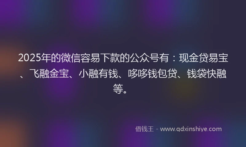 2025年的微信容易下款的公众号有：现金贷易宝、飞融金宝、小融有钱、哆哆钱包贷、钱袋快融等。