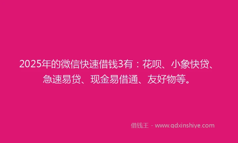 2025年的微信快速借钱3有：花呗、小象快贷、急速易贷、现金易借通、友好物等。