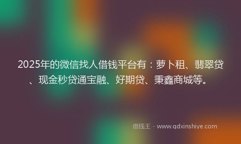 2025年的微信找人借钱平台有：萝卜租、翡翠贷、现金秒贷通宝融、好期贷、秉鑫商城等。