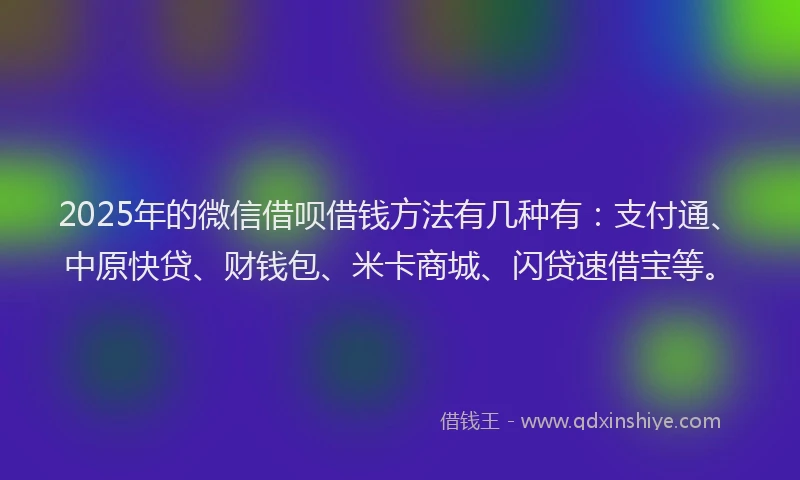 2025年的微信借呗借钱方法有几种有：支付通、中原快贷、财钱包、米卡商城、闪贷速借宝等。