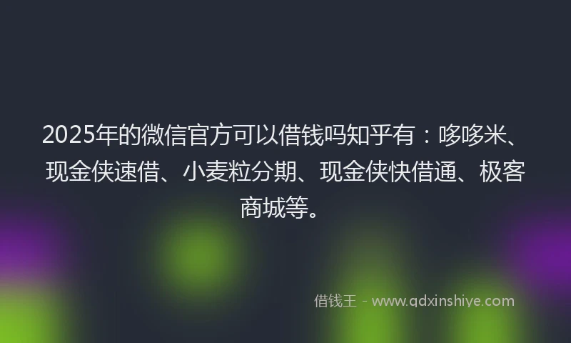 2025年的微信官方可以借钱吗知乎有：哆哆米、现金侠速借、小麦粒分期、现金侠快借通、极客商城等。