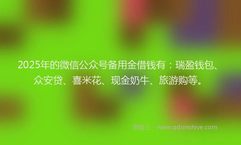 2025年的微信公众号备用金借钱有：瑞盈钱包、众安贷、喜米花、现金奶牛、旅游购等。